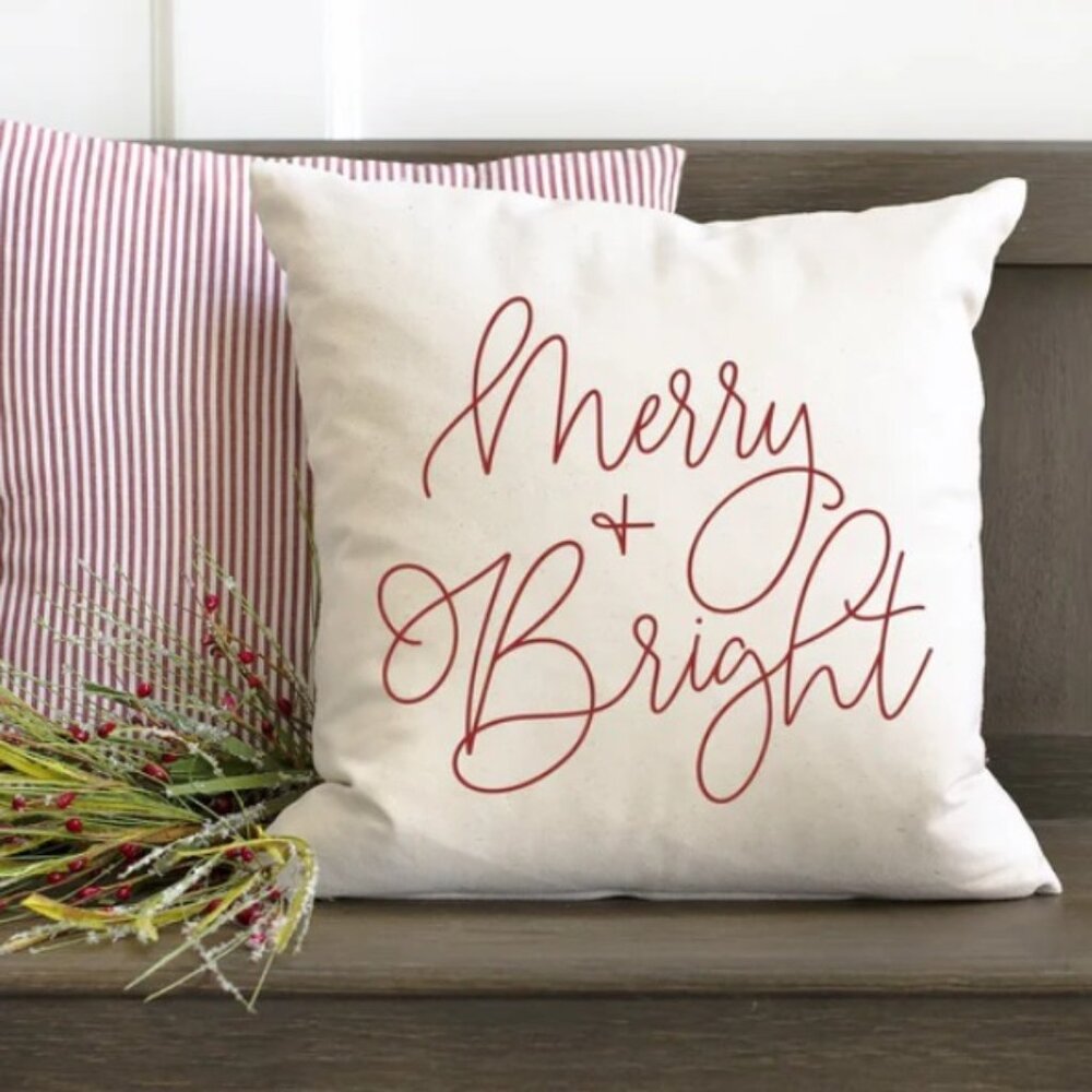 Christmas Pillow Cover. Merry & Bright cursive. 17" x 17" cover. Holiday cover.